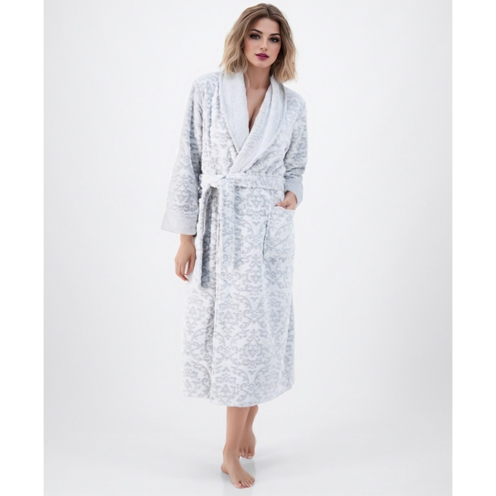Charter Club Women Embossed Plush Robe Grey M/L Soft Cozy Coquette Sleepwear NWT